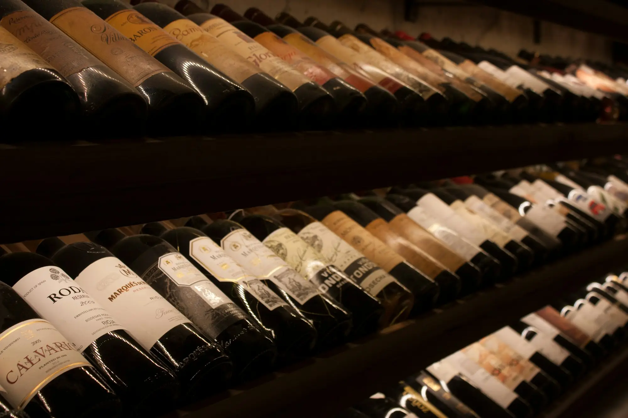 Wine bottles lined up on bottle shop shelves