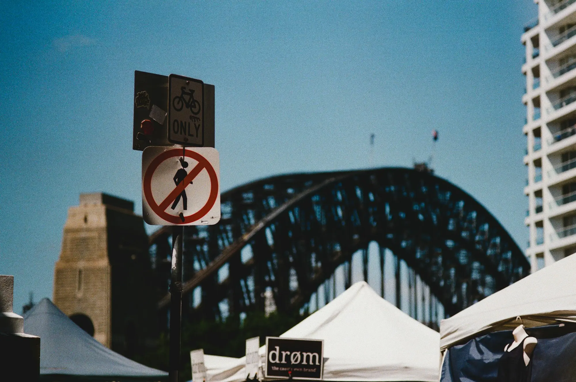 Sydney street shopfronts with the Harbour Bridge in view